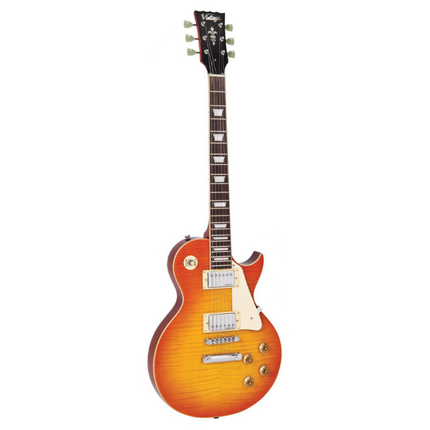 Vintage V100 Reissued Electric Guitar, Flamed Honeyburst 