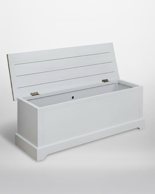 Signature Grey Hallway Storage Bench CFF20B, white wooden storage bench with a hinged lid open to reveal interior storage space.