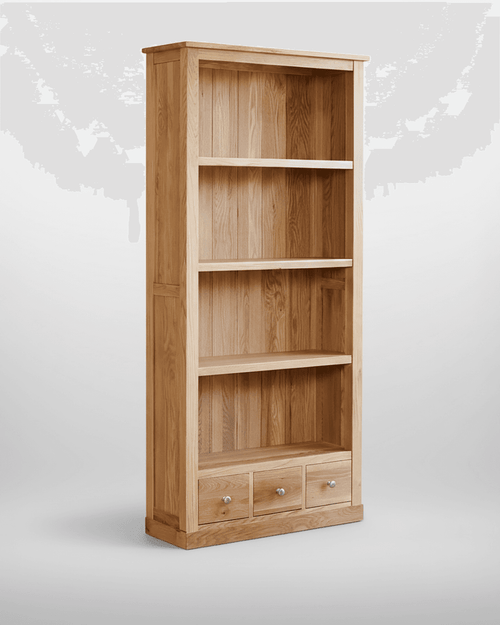 Mobel Oak Large Three Drawer Bookcase COR01A, tall wooden bookcase with three drawers at the bottom and open shelves above, made from oak with a natural finish. Mobel Oak Large Three Drawer Bookcase COR01A, tall wooden bookcase with three drawers at the bottom and open shelves above, made from oak with a natural finish.