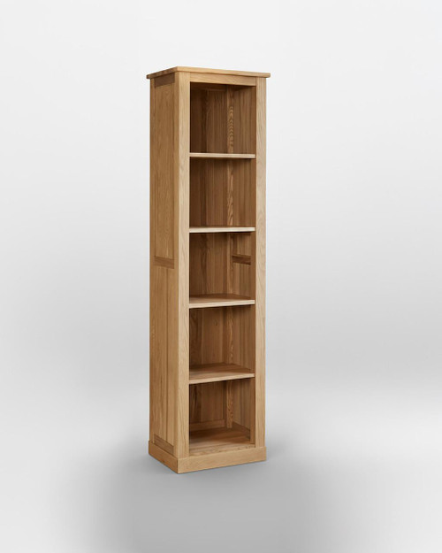 Mobel Oak Narrow Bookcase COR01D, Tall wooden bookcase with five open shelves, crafted from natural oak wood with a light finish. Mobel Oak Narrow Bookcase COR01D, Tall wooden bookcase with five open shelves, crafted from natural oak wood with a light finish.