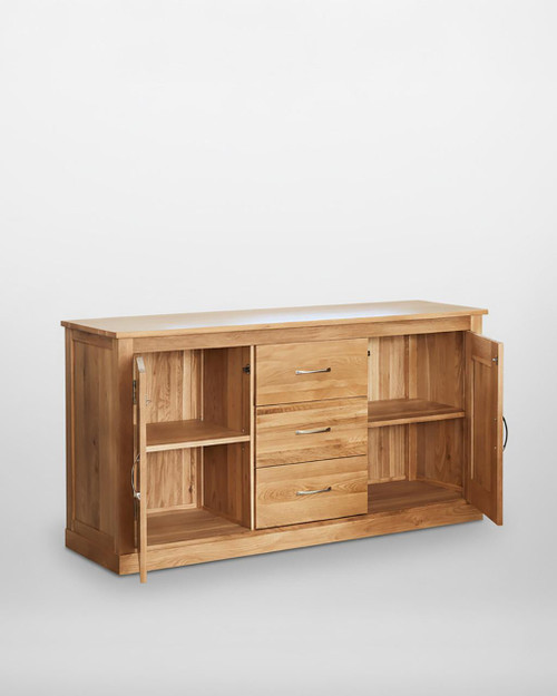 Mobel Oak Large Sideboard COR02A, natural oak wood sideboard with three drawers and two cabinets with doors, showcasing a sturdy design and smooth finish. Mobel Oak Large Sideboard COR02A, natural oak wood sideboard with three drawers and two cabinets with doors, showcasing a sturdy design and smooth finish.