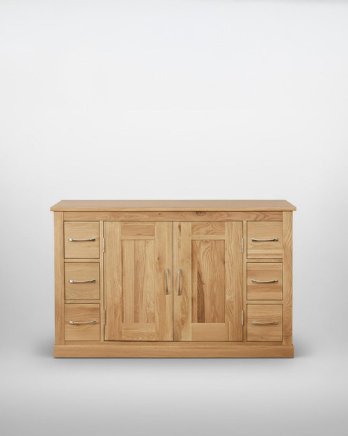 Mobel Oak Six Drawer Sideboard COR02B, wooden sideboard featuring six drawers and two central cabinet doors.