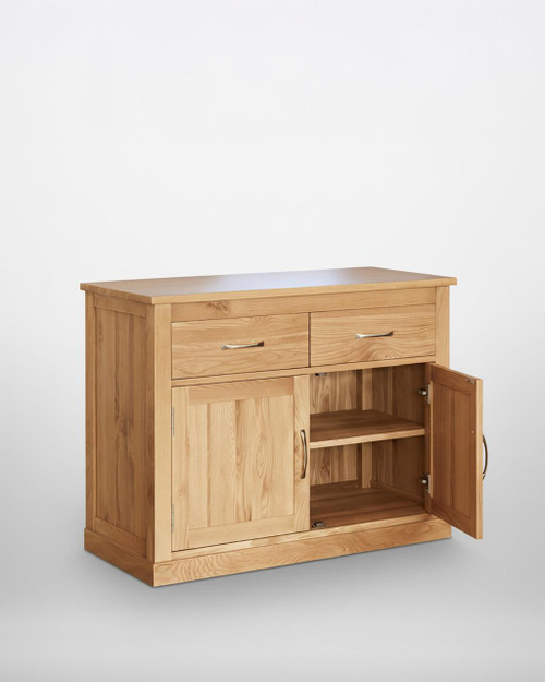 Mobel Oak Small Sideboard COR02D, wooden dining sideboard with two drawers and a cupboard, natural oak finish. Mobel Oak Small Sideboard COR02D, wooden dining sideboard with two drawers and a cupboard, natural oak finish.