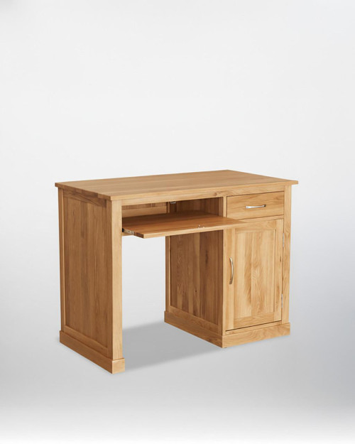 Mobel Oak Single Pedestal Computer Desk COR06B, natural oak finish with a spacious work surface, single drawer, and cabinet storage. Mobel Oak Single Pedestal Computer Desk COR06B, natural oak finish with a spacious work surface, single drawer, and cabinet storage.