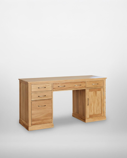 Mobel Oak Twin Pedestal Computer Desk COR06C, wooden office desk with multiple drawers and cabinet storage in a natural oak finish. Mobel Oak Twin Pedestal Computer Desk COR06C, wooden office desk with multiple drawers and cabinet storage in a natural oak finish.