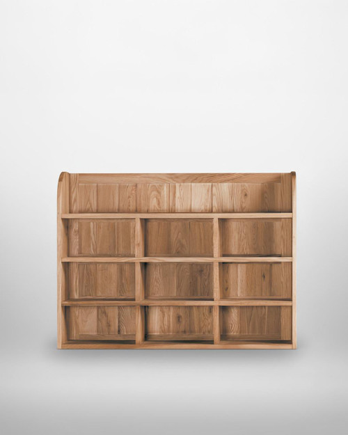 Mobel Oak Reversible Wall Rack COR07B, wooden wall-mounted storage shelf with multiple compartments for organizing small items.