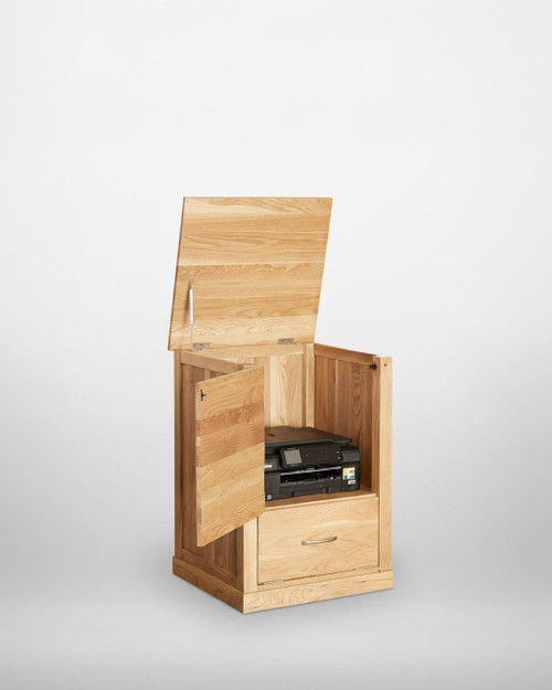 Mobel Oak Printer Cupboard COR07C, wooden printer cupboard with an open compartment showing a printer and a closed drawer at the bottom.