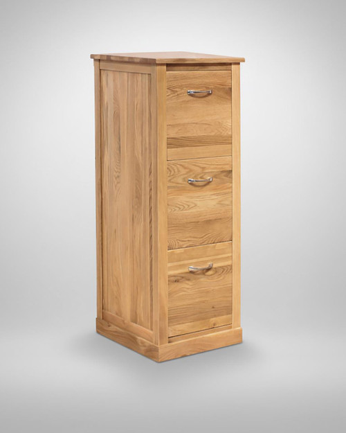 Mobel Oak Three Drawer Filing Cabinet COR07D, tall wooden office storage unit with four drawers featuring silver handles, crafted from oak wood with natural finish. Mobel Oak Three Drawer Filing Cabinet COR07D, tall wooden office storage unit with four drawers featuring silver handles, crafted from oak wood with natural finish.