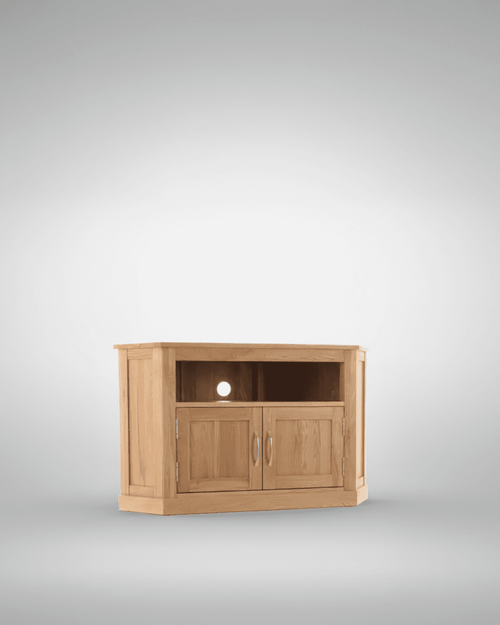 Mobel Oak Corner Television Cabinet COR09C, wooden TV stand with open shelf and double-door cabinets in oak finish. Mobel Oak Corner Television Cabinet COR09C, wooden TV stand with open shelf and double-door cabinets in oak finish.
