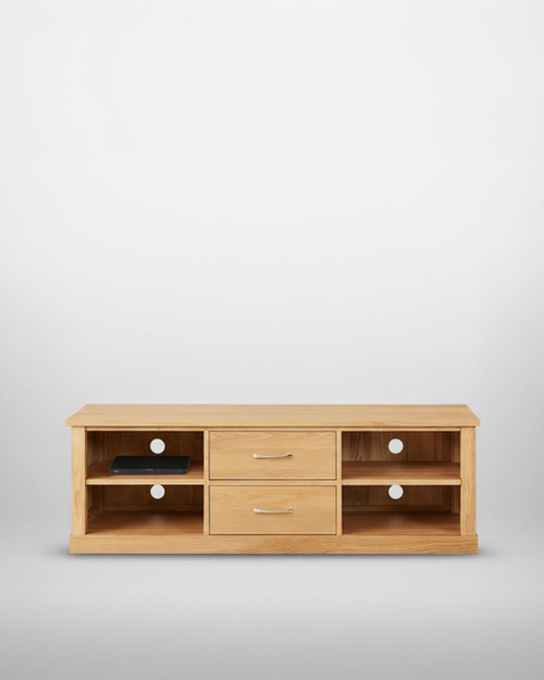 Mobel Oak Mounted Widescreen Television Cabinet COR09E, natural oak finish with open shelves and drawers for media storage. Mobel Oak Mounted Widescreen Television Cabinet COR09E, natural oak finish with open shelves and drawers for media storage.