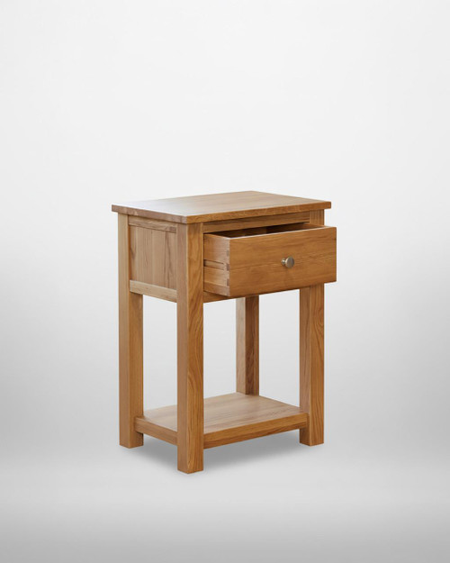 Mobel Oak One Drawer Lamp Table COR10A, wooden side table with a single drawer, natural oak finish, and lower shelf for storage.