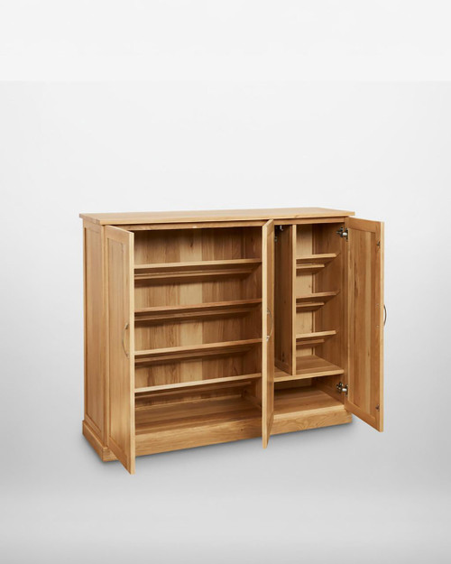 Mobel Oak Extra Large Shoe Cupboard COR20F, wooden shoe storage cabinet with multiple shelves and double doors. Mobel Oak Extra Large Shoe Cupboard COR20F, wooden shoe storage cabinet with multiple shelves and double doors.