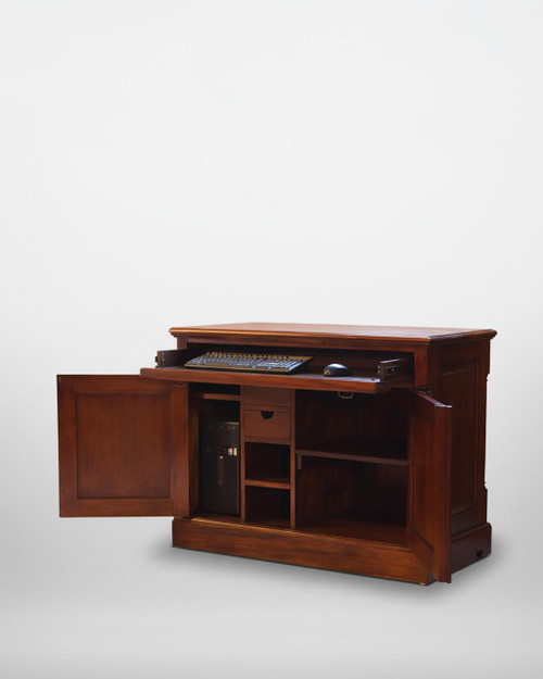 La Roque Mahogany Hidden Home Office IMR06A, elegant wooden desk with multiple compartments, drawers, and a pull-out keyboard tray. La Roque Mahogany Hidden Home Office IMR06A, elegant wooden desk with multiple compartments, drawers, and a pull-out keyboard tray.