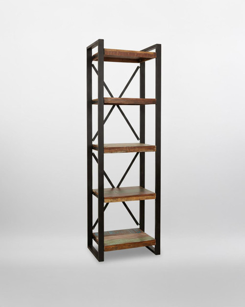 Urban Chic Alcove Bookcase IRF01A, a tall narrow bookcase with a black metal frame and five wooden shelves for stylish storage. Urban Chic Alcove Bookcase IRF01A, a tall narrow bookcase with a black metal frame and five wooden shelves for stylish storage.