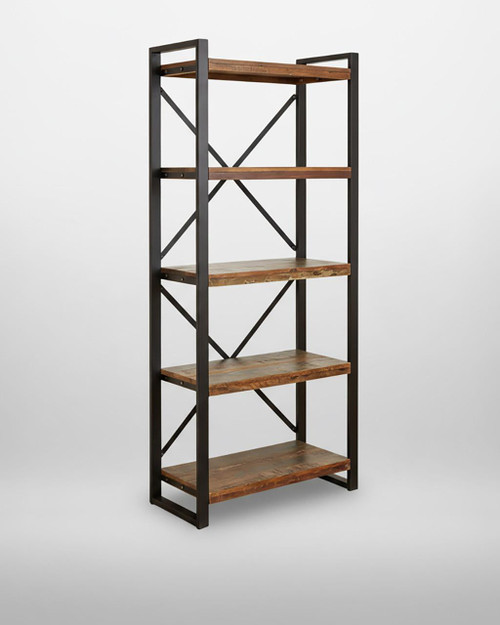 Urban Chic Large Open Bookcase IRF01B, a tall modern bookcase featuring five wooden shelves and a black metal frame with geometric accents, suitable for contemporary home or office decor. Urban Chic Large Open Bookcase IRF01B, a tall modern bookcase featuring five wooden shelves and a black metal frame with geometric accents, suitable for contemporary home or office decor.