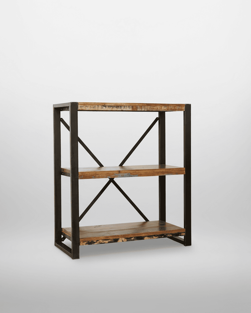 Urban Chic Low Bookcase IRF01C, a modern freestanding furniture with a black metal frame and three rustic wooden shelves for stylish storage. Urban Chic Low Bookcase IRF01C, a modern freestanding furniture with a black metal frame and three rustic wooden shelves for stylish storage.