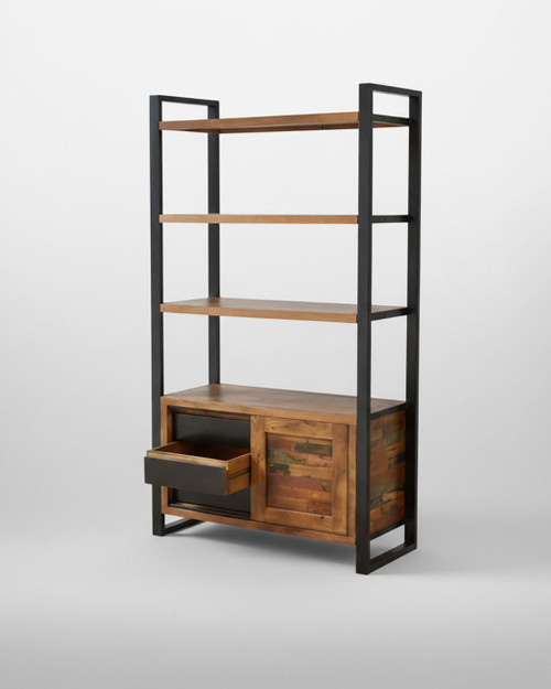 Urban Chic Large Bookcase with Storage IRF01E, modern wooden and metal bookshelf with four open shelves and a storage cabinet with drawers and sliding doors. Urban Chic Large Bookcase with Storage IRF01E, modern wooden and metal bookshelf with four open shelves and a storage cabinet with drawers and sliding doors.