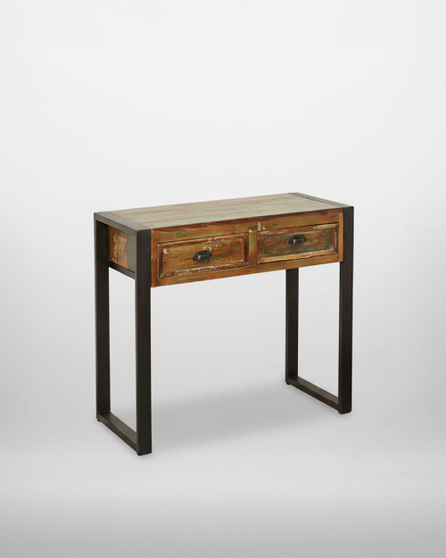 Urban Chic Console Table IRF02A, rustic wooden top with two drawers and black metal frame, modern industrial design for entryway or console decor. Urban Chic Console Table IRF02A, rustic wooden top with two drawers and black metal frame, modern industrial design for entryway or console decor.