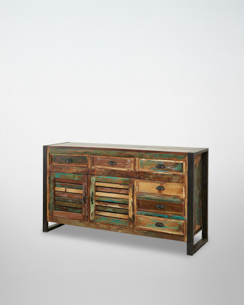 Urban Chic Large Sideboard IRF02C, rustic wooden sideboard with multiple drawers and slatted cabinet doors, featuring a distressed, colorful finish and black metal handles. Urban Chic Large Sideboard IRF02C, rustic wooden sideboard with multiple drawers and slatted cabinet doors, featuring a distressed, colorful finish and black metal handles.