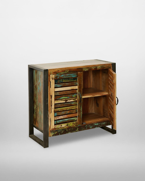 Urban Chic 2 Door Small Sideboard IRF02D, rustic wooden sideboard with multicolor painted shutters and metal frame. Urban Chic 2 Door Small Sideboard IRF02D, rustic wooden sideboard with multicolor painted shutters and metal frame.