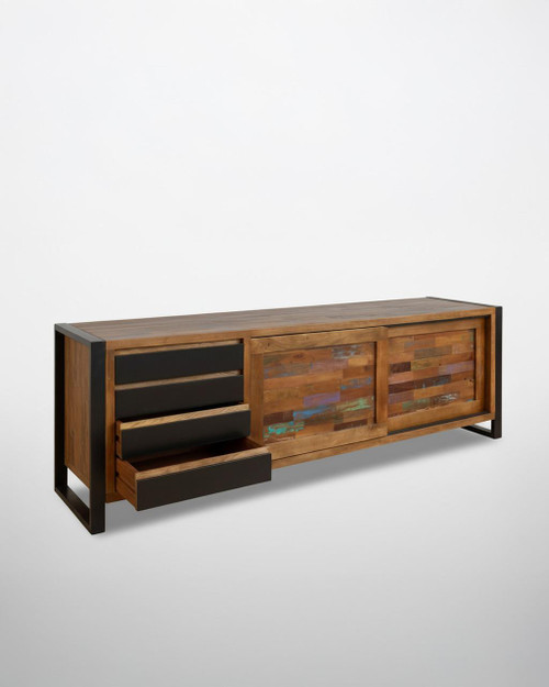 Urban Chic Ultra Large Sideboard IRF02E, modern wooden sideboard with black drawers and colorful distressed sliding doors. Urban Chic Ultra Large Sideboard IRF02E, modern wooden sideboard with black drawers and colorful distressed sliding doors.
