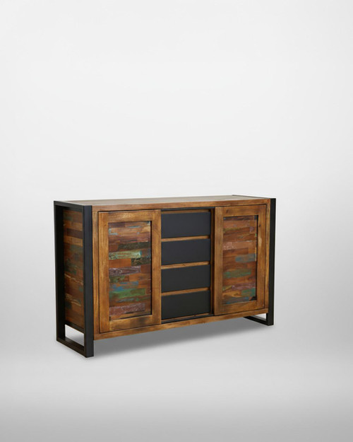 Urban Chic Sideboard IRF02F, modern wooden sideboard with colorful, rustic, reclaimed wood doors and black sliding panels, sleek black metal frame for a contemporary look. Urban Chic Sideboard IRF02F, modern wooden sideboard with colorful, rustic, reclaimed wood doors and black sliding panels, sleek black metal frame for a contemporary look.