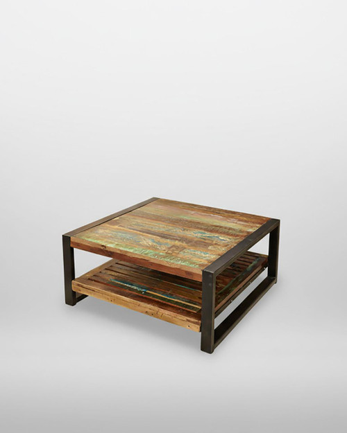 Urban Chic Square Coffee Table IRF08C, modern square coffee table with a rustic wood top and a lower slatted shelf, black metal frame. Urban Chic Square Coffee Table IRF08C, modern square coffee table with a rustic wood top and a lower slatted shelf, black metal frame.