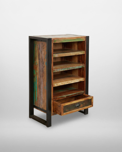 Urban Chic Entertainment Cabinet IRF09A, rustic wooden cabinet with open shelves and a single drawer, black metal frame, stylish, modern industrial design.