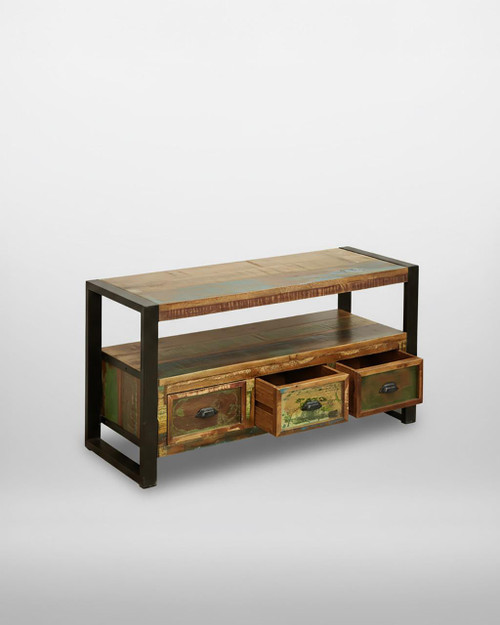 Urban Chic Television Cabinet IRF09B, rustic wooden table with three small drawers and open shelf, black metal frame, vintage style for living room decor. Urban Chic Television Cabinet IRF09B, rustic wooden table with three small drawers and open shelf, black metal frame, vintage style for living room decor.