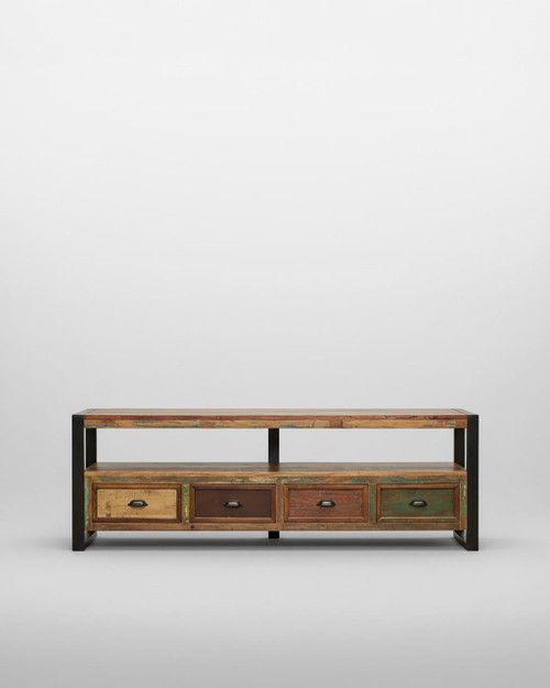 Urban Chic Open Widescreen Television Cabinet IRF09C, wooden TV cabinet with a rustic finish and black metal frame, featuring four drawers with metal handles. Urban Chic Open Widescreen Television Cabinet IRF09C, wooden TV cabinet with a rustic finish and black metal frame, featuring four drawers with metal handles.