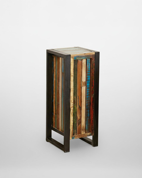 Urban Chic Tall Plant Stand/Lamp Table IRF10D, a tall stand with a colorful, rustic wooden panel design and black metal frame.
