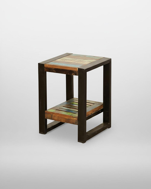 Urban Chic Low Plant Stand / Lamp table IRF10E, rustic side table with a wooden top and shelf, metal frame, modern industrial design.