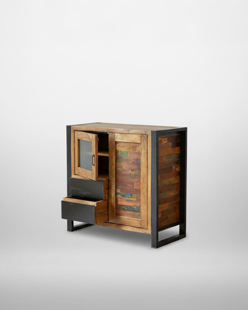 Urban Chic Home Storage Cupboard IRF12A, stylish wooden storage unit with metal frame, featuring multiple compartments and drawers for home organization. Urban Chic Home Storage Cupboard IRF12A, stylish wooden storage unit with metal frame, featuring multiple compartments and drawers for home organization.