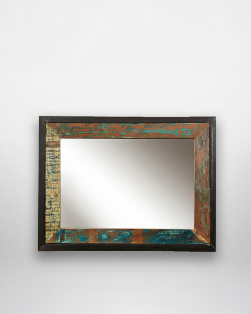 Urban Chic Mirror large, wall-mounted decorative mirror with a distressed, multicolored wooden frame suitable for hanging in landscape or portrait orientation. Urban Chic Mirror large, wall-mounted decorative mirror with a distressed, multicolored wooden frame suitable for hanging in landscape or portrait orientation.