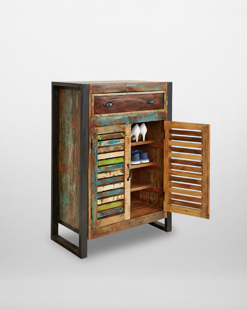 Urban Chic Shoe Storage Cupboard with Drawer IRF20A, rustic wooden shoe cabinet with multi-colored distressed finish, featuring a spacious interior for shoes and a top drawer for accessories, ideal for modern entryways. Urban Chic Shoe Storage Cupboard with Drawer IRF20A, rustic wooden shoe cabinet with multi-colored distressed finish, featuring a spacious interior for shoes and a top drawer for accessories, ideal for modern entryways.