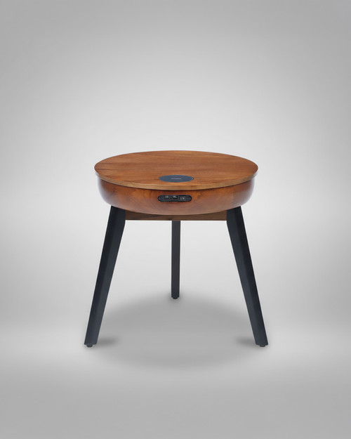 San Francisco Round Walnut Lamp Table With QI Wireless Charger, USB Ports and 2.1 Bluetooth Speakers
