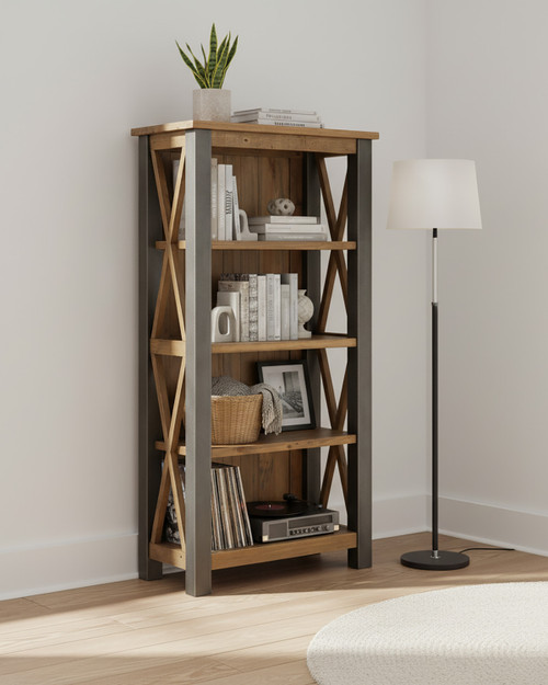 Hulstone Industrial Reclaimed Small Bookcase WFS-BH-HUL01B, a rustic wooden bookshelf with metal frame, four shelves for storage, and a modern industrial design. Hulstone Industrial Reclaimed Small Bookcase WFS-BH-HUL01B, a rustic wooden bookshelf with metal frame, four shelves for storage, and a modern industrial design.