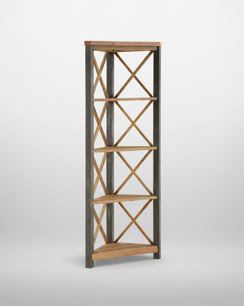 Urban Elegance Reclaimed Large Corner Bookcase VPR01C, a tall modern open corner shelving unit with wooden shelves and crisscrossed decorative supports against a plain white background. Urban Elegance Reclaimed Large Corner Bookcase VPR01C, a tall modern open corner shelving unit with wooden shelves and crisscrossed decorative supports against a plain white background.