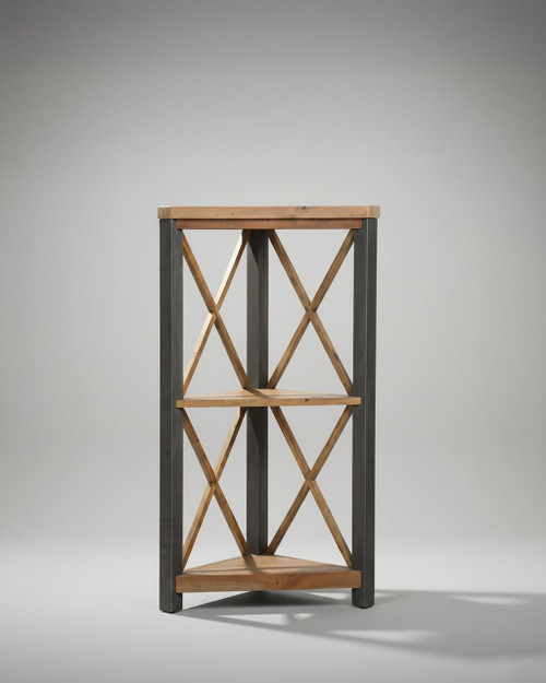 Urban Elegance Reclaimed Small Corner Bookcase VPR01D, modern corner bookcase with wooden shelves and geometric crisscross design, suitable for stylish storage and display. Urban Elegance Reclaimed Small Corner Bookcase VPR01D, modern corner bookcase with wooden shelves and geometric crisscross design, suitable for stylish storage and display.