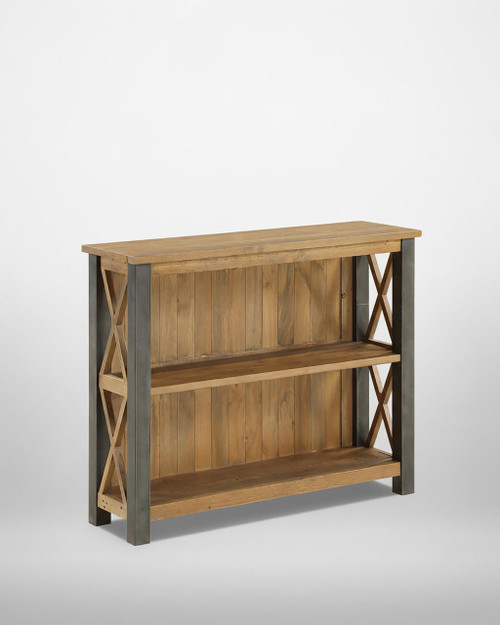 Urban Elegance Reclaimed Low Bookcase VPR01F, wooden bookshelf with metal frame and decorative side panels. Urban Elegance Reclaimed Low Bookcase VPR01F, wooden bookshelf with metal frame and decorative side panels.