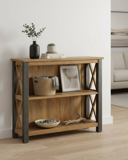 Hulstone Industrial Reclaimed Low Bookcase WFS-BH-HUL01F, wooden bookshelf with metal frame and decorative side panels. Hulstone Industrial Reclaimed Low Bookcase WFS-BH-HUL01F, wooden bookshelf with metal frame and decorative side panels.