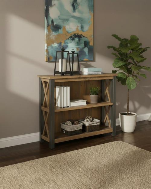 Urban Elegance Reclaimed Low Bookcase VPR01F, a stylish wooden and metal bookshelf with three shelves, decorated with books, decorative baskets, and a potted plant, placed near a large green houseplant and a colorful abstract painting. Urban Elegance Reclaimed Low Bookcase VPR01F, a stylish wooden and metal bookshelf with three shelves, decorated with books, decorative baskets, and a potted plant, placed near a large green houseplant and a colorful abstract painting.