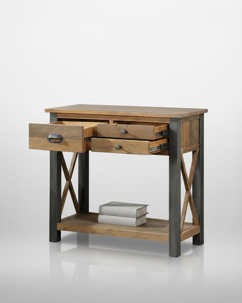 Urban Elegance Reclaimed Small Console Table VPR02B, wooden console table with metal frame, two drawers, and a lower shelf with books, showcasing rustic and industrial design elements. Urban Elegance Reclaimed Small Console Table VPR02B, wooden console table with metal frame, two drawers, and a lower shelf with books, showcasing rustic and industrial design elements.