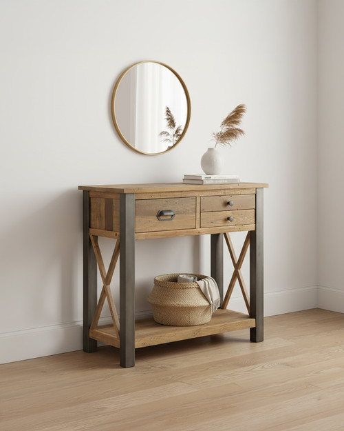 Hulstone Industrial Reclaimed Small Console Table WFS-BH-HUL02B, wooden console table with metal frame, two drawers, and a lower shelf with books, showcasing rustic and industrial design elements. Hulstone Industrial Reclaimed Small Console Table WFS-BH-HUL02B, wooden console table with metal frame, two drawers, and a lower shelf with books, showcasing rustic and industrial design elements.