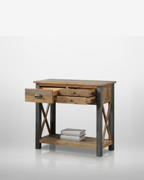 Hulstone Industrial Reclaimed Small Console Table WFS-BH-HUL02B, wooden console table with metal frame, two drawers, and a lower shelf with books, showcasing rustic and industrial design elements. Hulstone Industrial Reclaimed Small Console Table WFS-BH-HUL02B, wooden console table with metal frame, two drawers, and a lower shelf with books, showcasing rustic and industrial design elements.