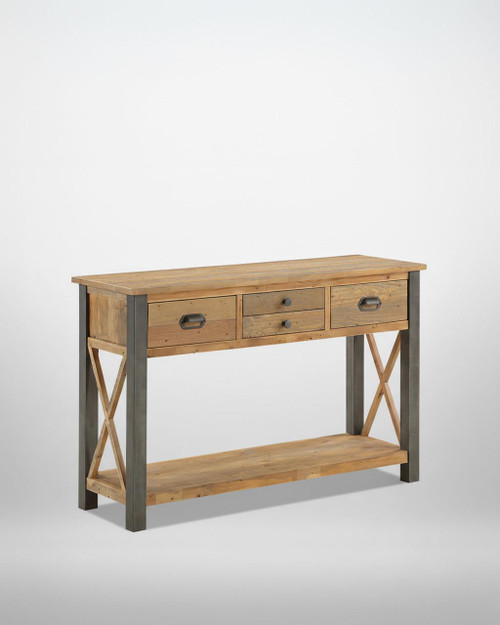 Urban Elegance Reclaimed Console Table VPR02C, wooden and metal console table with three drawers and lower shelf, rustic and industrial design. Urban Elegance Reclaimed Console Table VPR02C, wooden and metal console table with three drawers and lower shelf, rustic and industrial design.