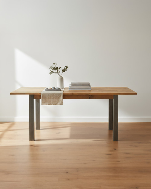 Hulstone Industrial Reclaimed Extending Dining Table WFS-BH-HUL04B, a wooden dining table with a natural finish and sturdy metal legs, extending for versatile seating arrangements. Hulstone Industrial Reclaimed Extending Dining Table WFS-BH-HUL04B, a wooden dining table with a natural finish and sturdy metal legs, extending for versatile seating arrangements.