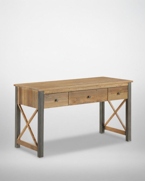 Urban Elegance Reclaimed Home Office Desk / Dressing Table VPR06A, a wooden desk with three drawers and metal X-shaped side supports. Urban Elegance Reclaimed Home Office Desk / Dressing Table VPR06A, a wooden desk with three drawers and metal X-shaped side supports.
