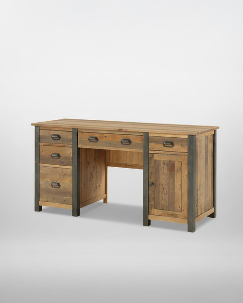 Urban Elegance Reclaimed Twin Pedestal Home Office Desk VPR06B, rustic wooden desk with metal accents, multiple drawers, and cabinet for storage, ideal for an industrial-style workspace. Urban Elegance Reclaimed Twin Pedestal Home Office Desk VPR06B, rustic wooden desk with metal accents, multiple drawers, and cabinet for storage, ideal for an industrial-style workspace.