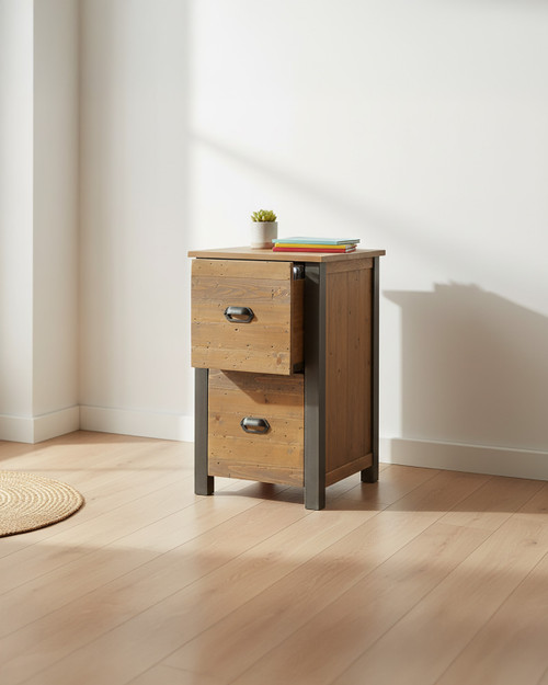 Hulstone Industrial Reclaimed Two Drawer Filing Cabinet WFS-BH-HUL07A, a rustic wooden cabinet with two drawers and black handles, featuring a modern metal frame. Hulstone Industrial Reclaimed Two Drawer Filing Cabinet WFS-BH-HUL07A, a rustic wooden cabinet with two drawers and black handles, featuring a modern metal frame.